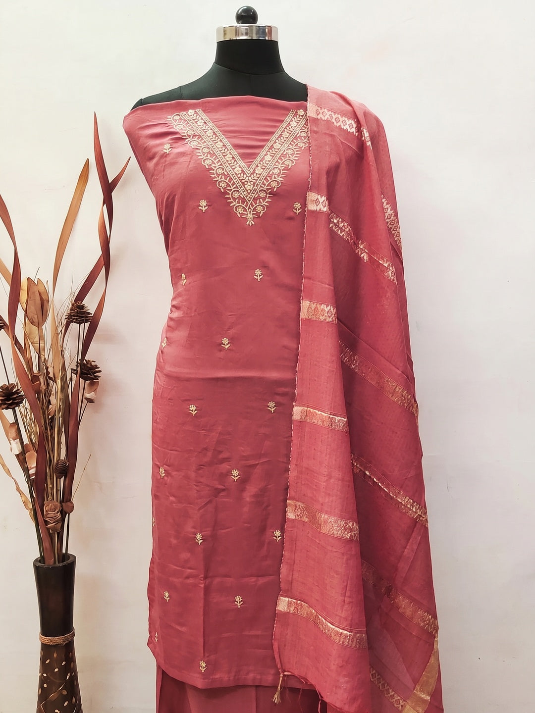 Pink Floral Embroidered Viscose Dress Material - Image 1