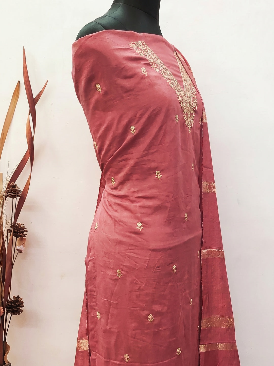 Pink Floral Embroidered Viscose Dress Material - Image 2
