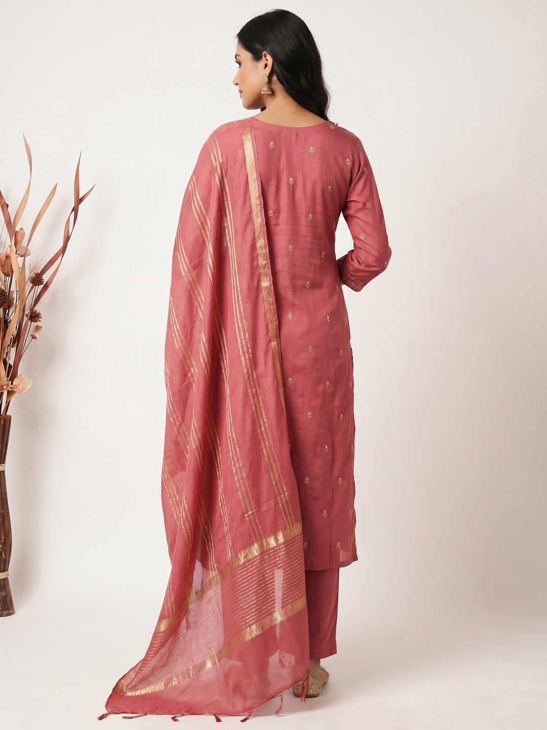 Pink Floral Embroidered Viscose Dress Material - Image 3