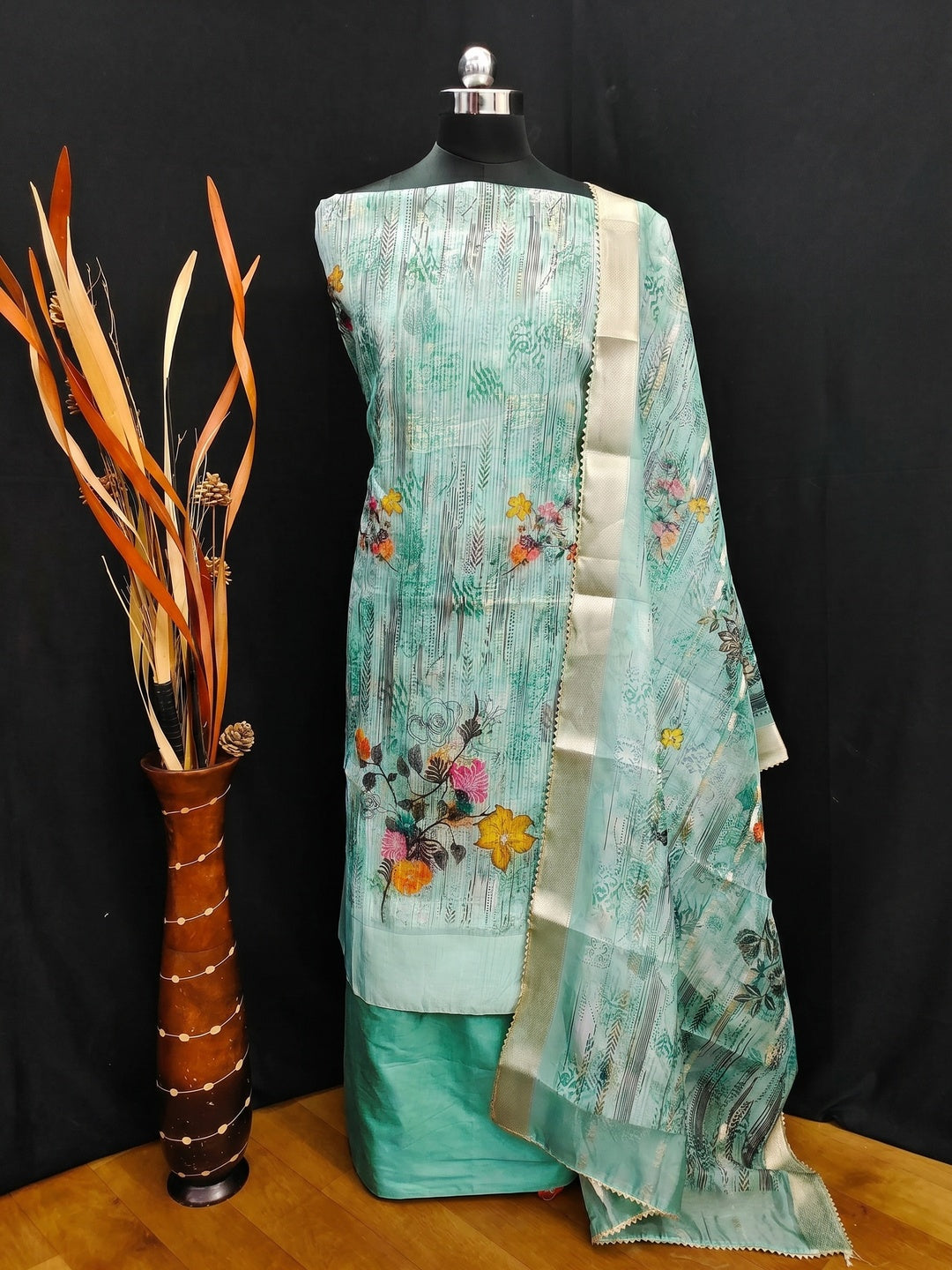 Turquoise Floral Printed With Swarovski Work Organza Dress Material - Image 2