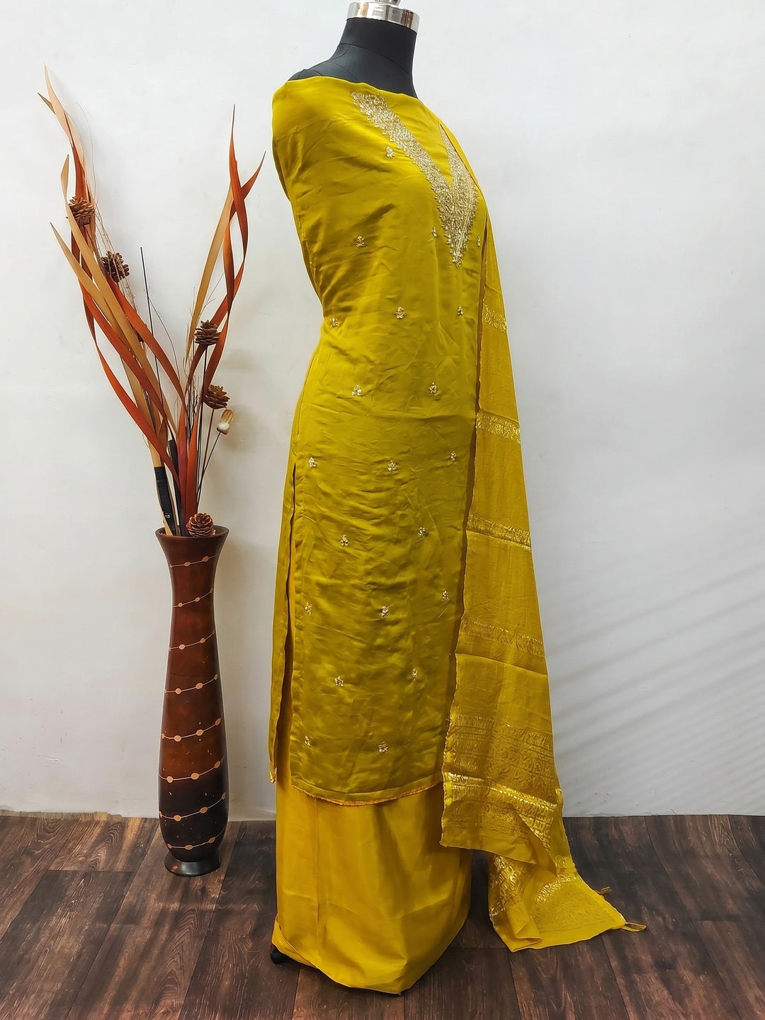 Mustard Floral Embroidered Viscose Dress Material - Image 3