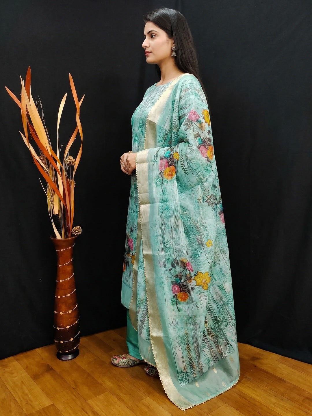 Turquoise Floral Printed With Swarovski Work Organza Dress Material - Image 1