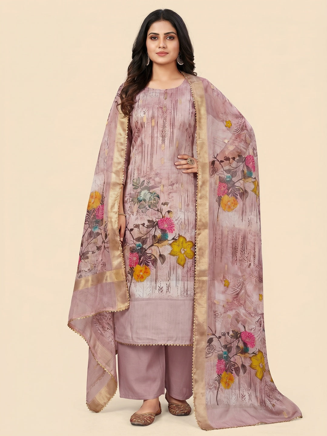 Mauve Floral Printed With Swarovski Work Organza Dress Material - Image 1