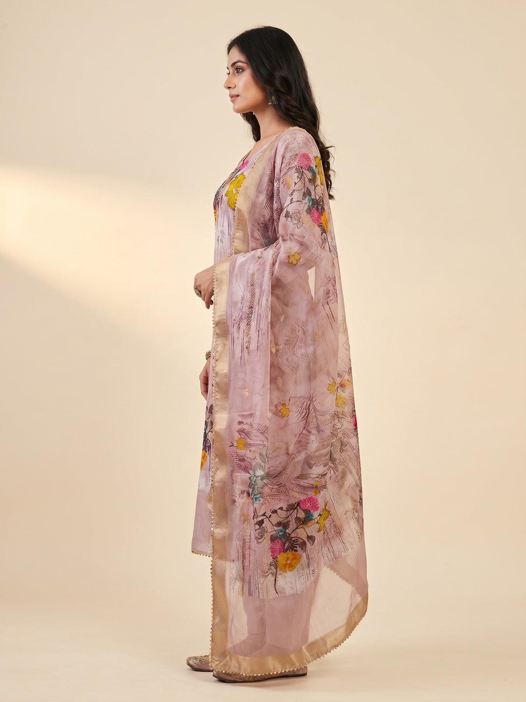 Mauve Floral Printed With Swarovski Work Organza Dress Material - Image 2