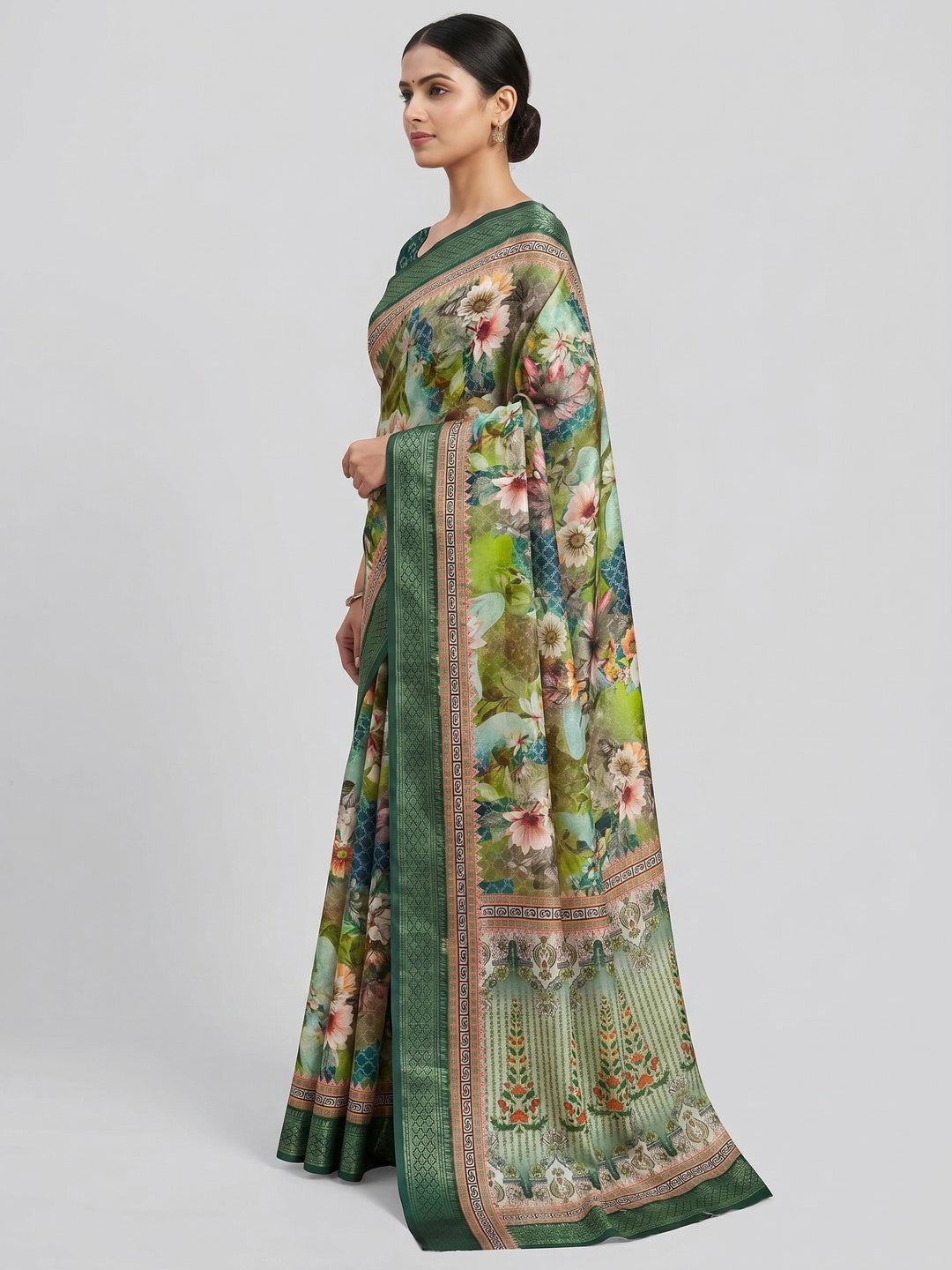 Green Floral Digital Printed Cotton Silk Saree With Woven Border - Image 3