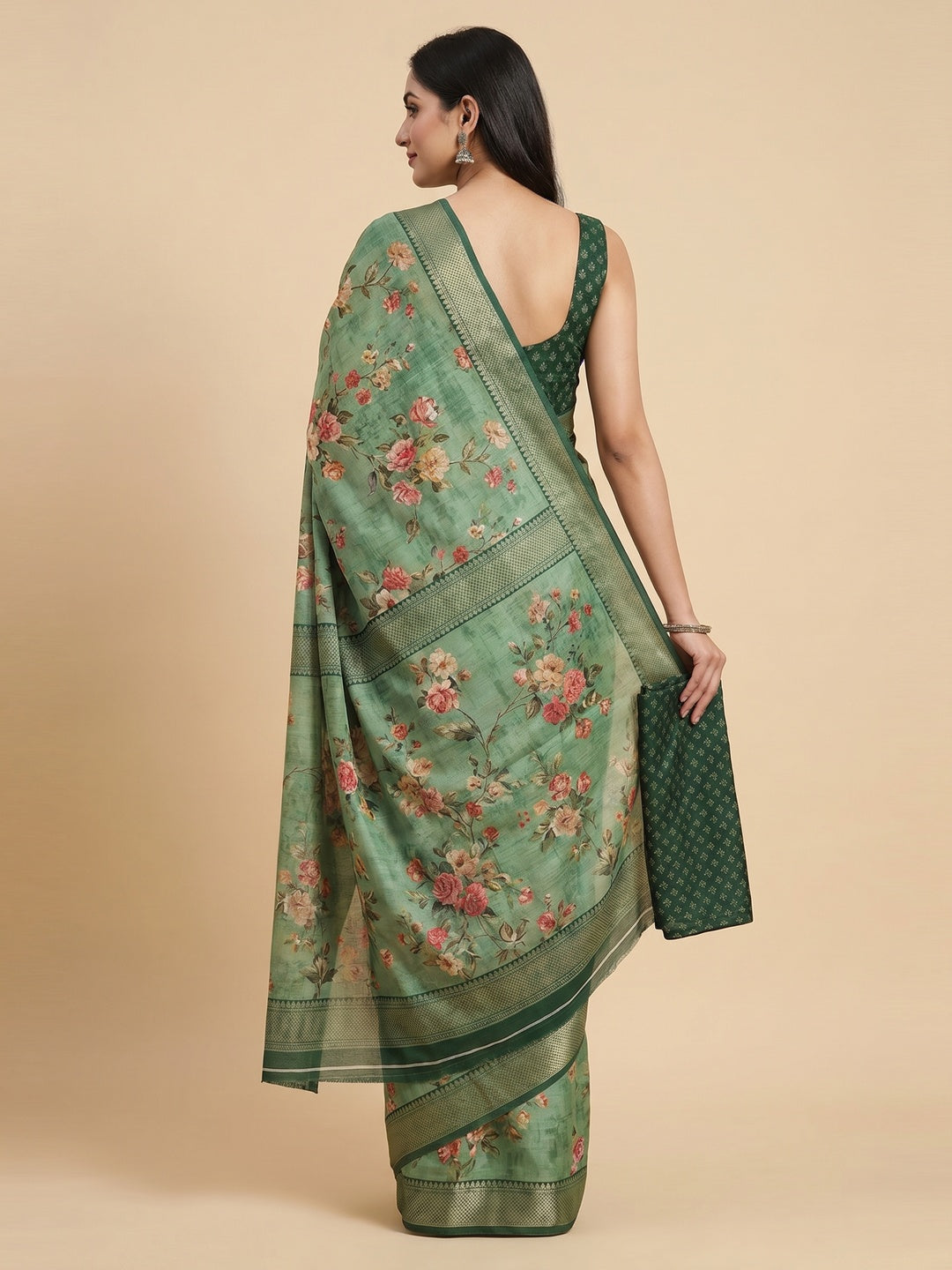 Green Floral Digital Printed Cotton Silk Saree With Woven Border - Image 2