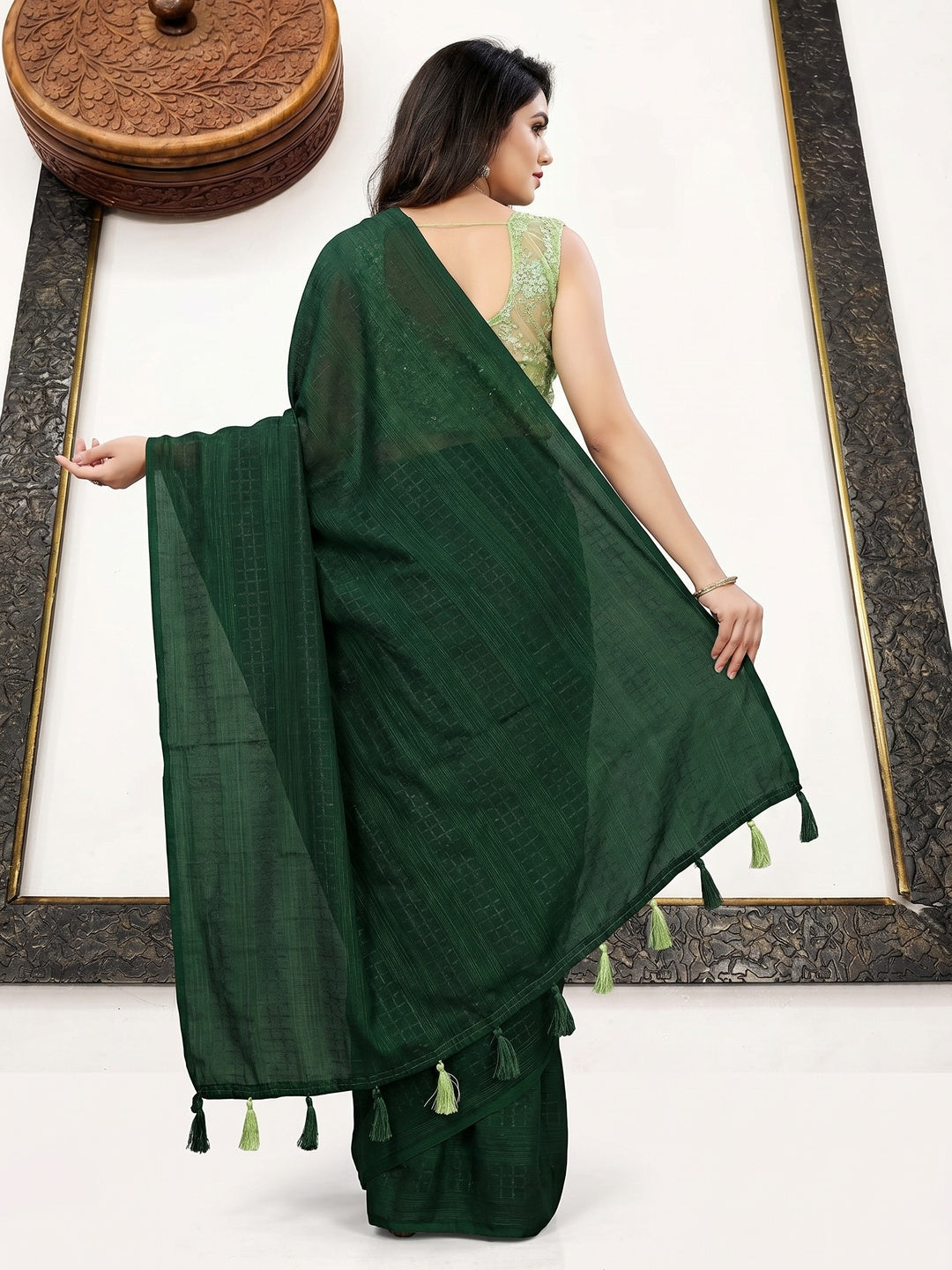 Green Woven Art Silk Saree With Tassels - Image 3