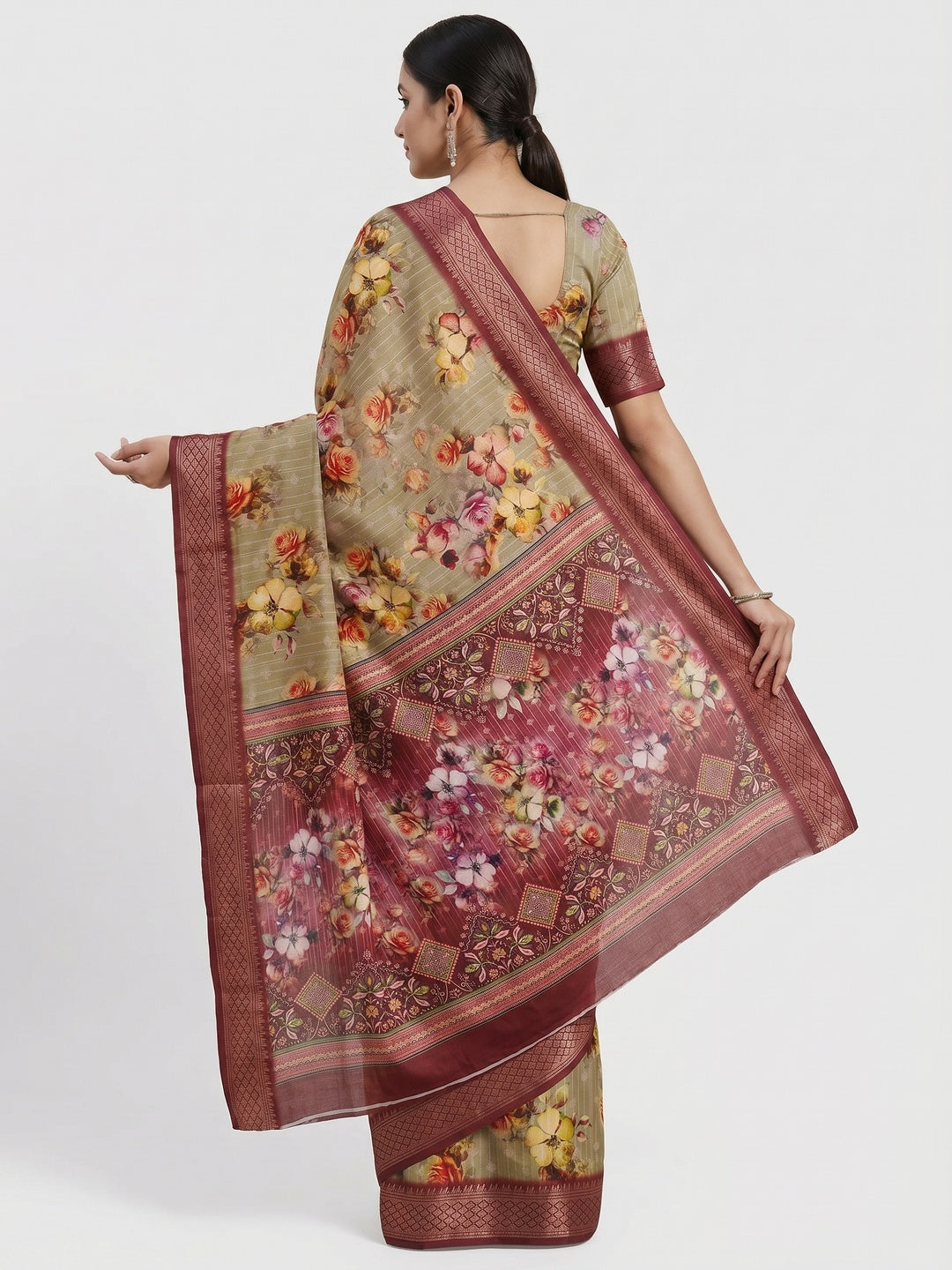 Chikoo Floral Digital Printed Cotton Silk Saree With Woven Border - Image 3
