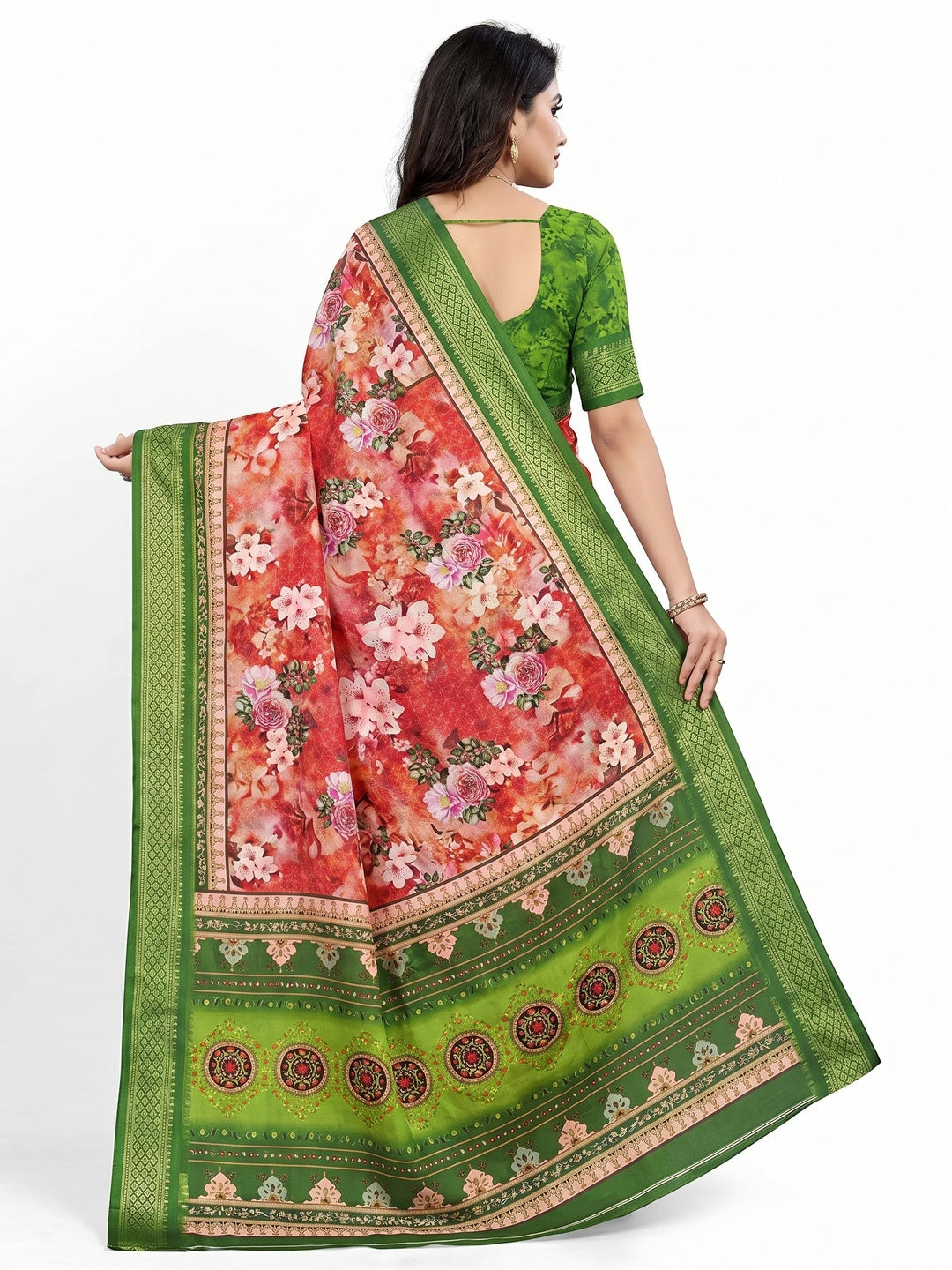 Red Floral Digital Printed Cotton Silk Saree With Woven Border - Image 2
