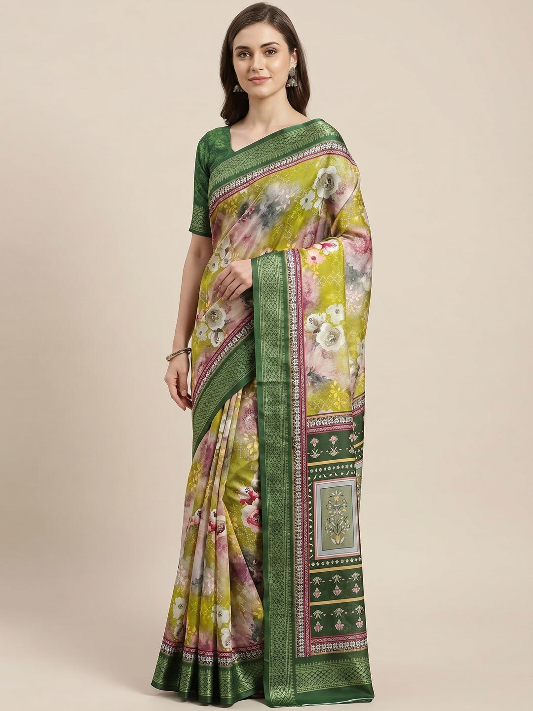 Olive Green Floral Digital Printed Cotton Silk Saree With Woven Border - Image 1
