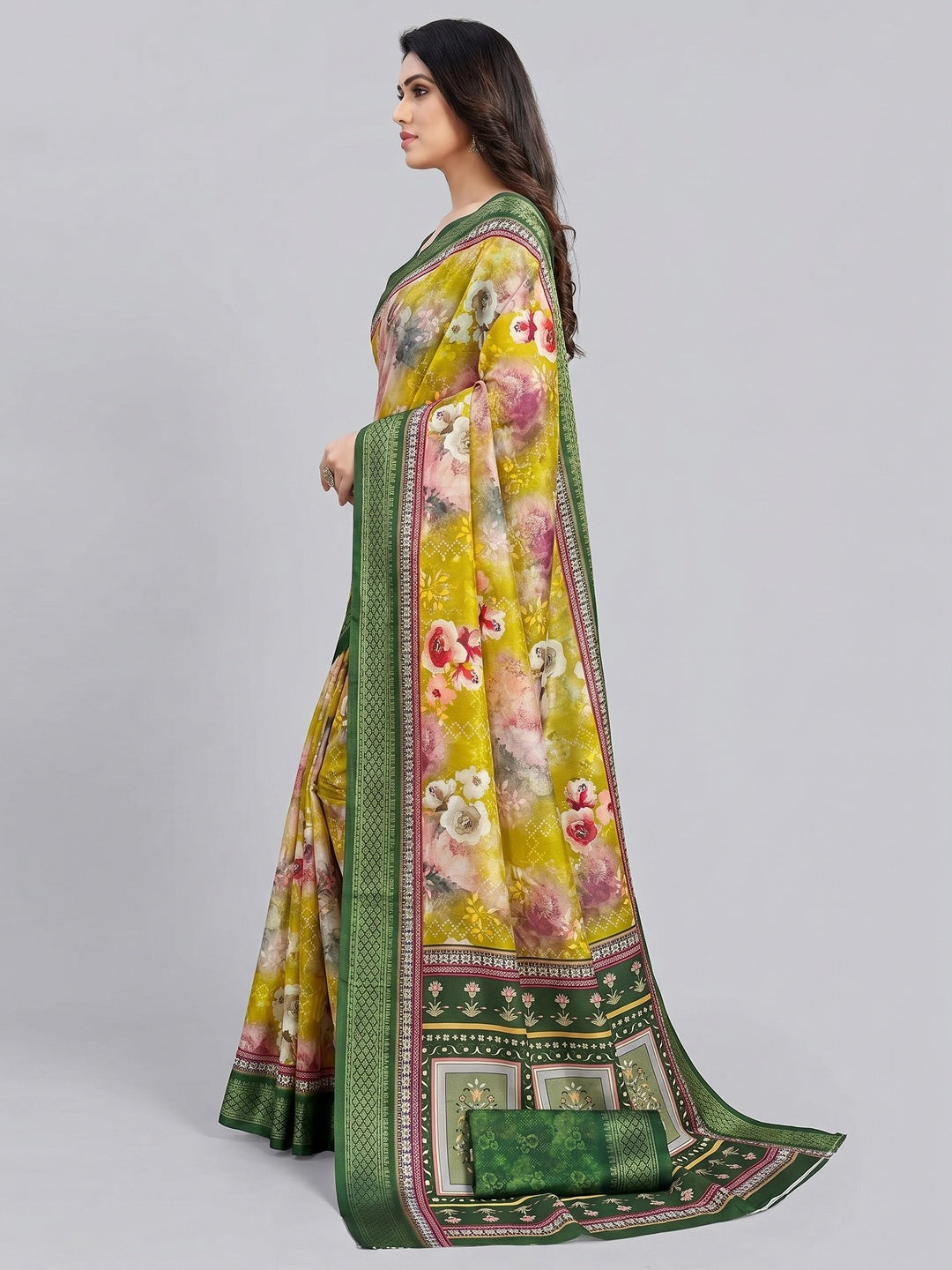 Olive Green Floral Digital Printed Cotton Silk Saree With Woven Border - Image 2