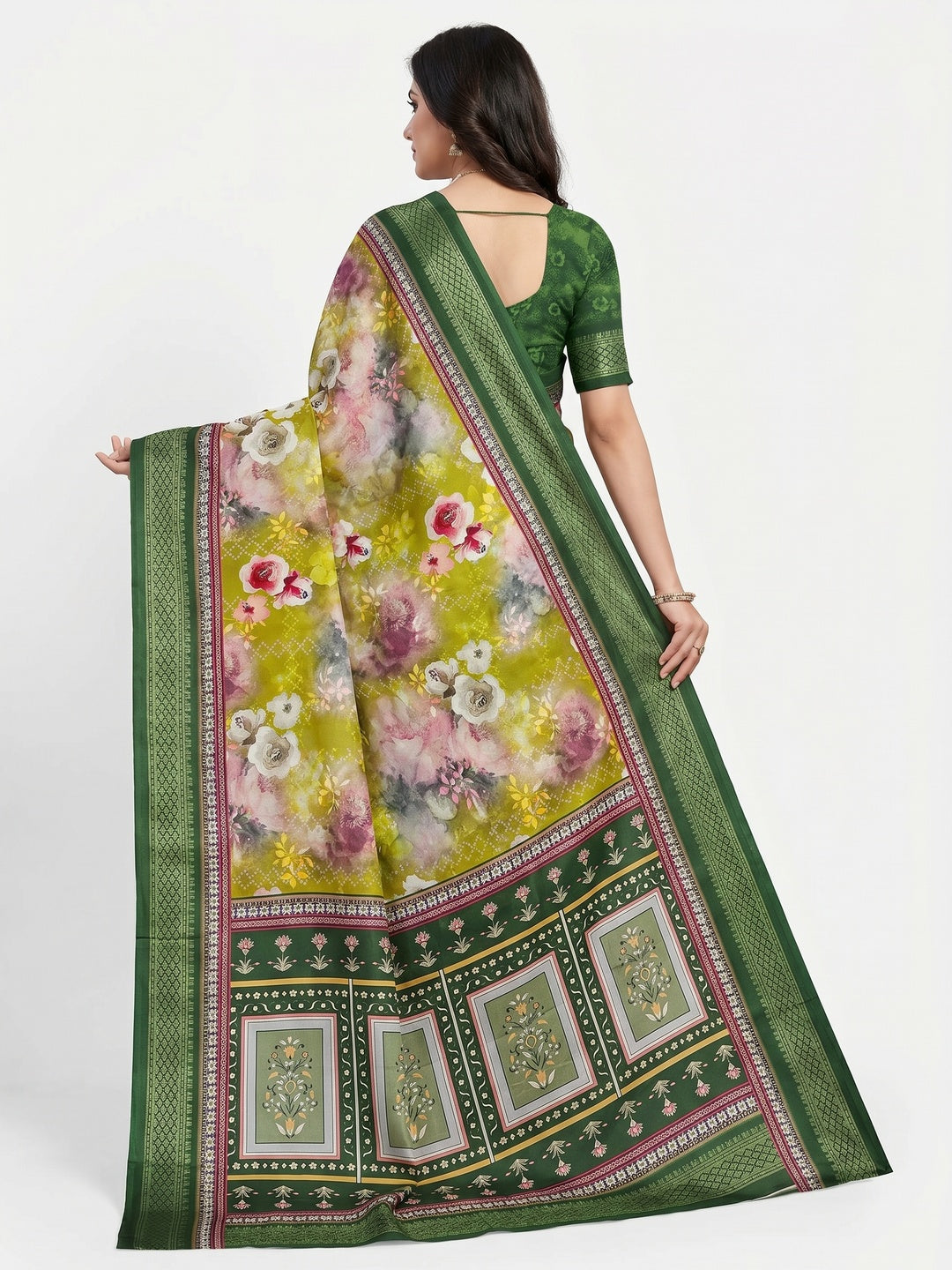 Olive Green Floral Digital Printed Cotton Silk Saree With Woven Border - Image 3