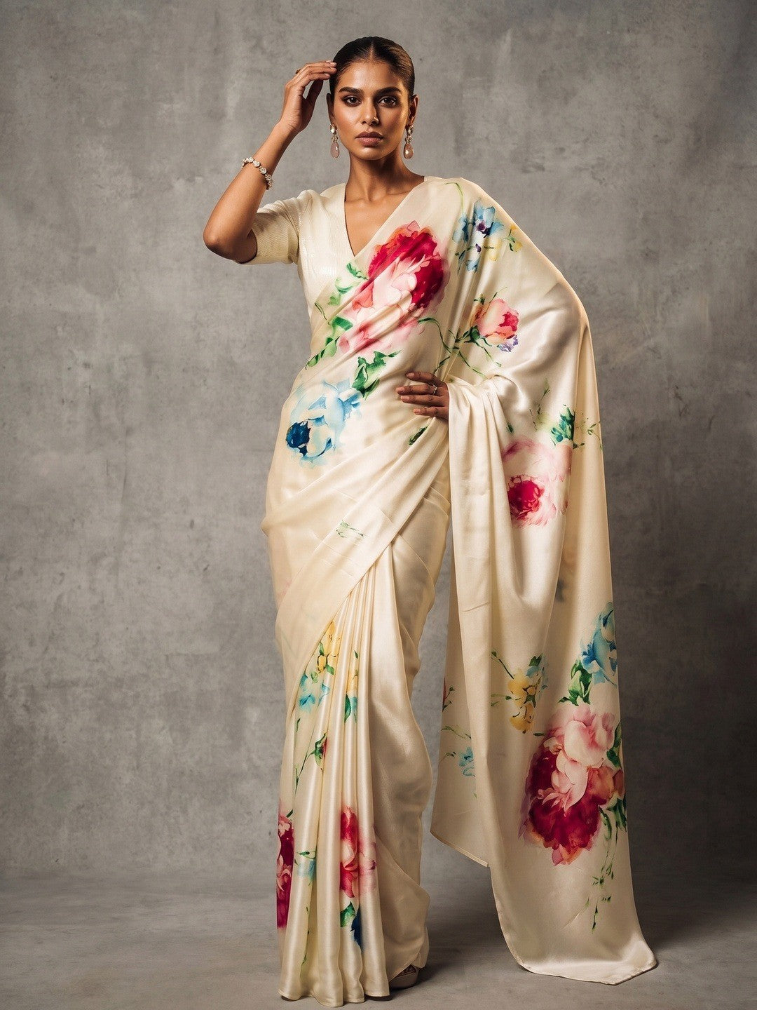 Elegant Cream Bloom Satin Saree With Floral Digital Print Work - Image 1