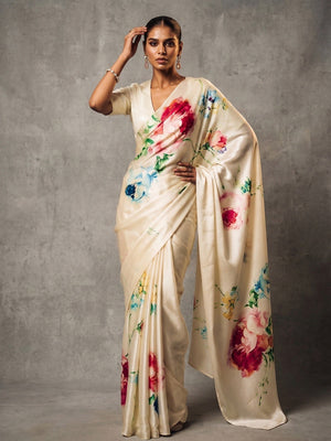 Elegant Cream Bloom Satin Saree With Floral Digital Print Work - Image 1