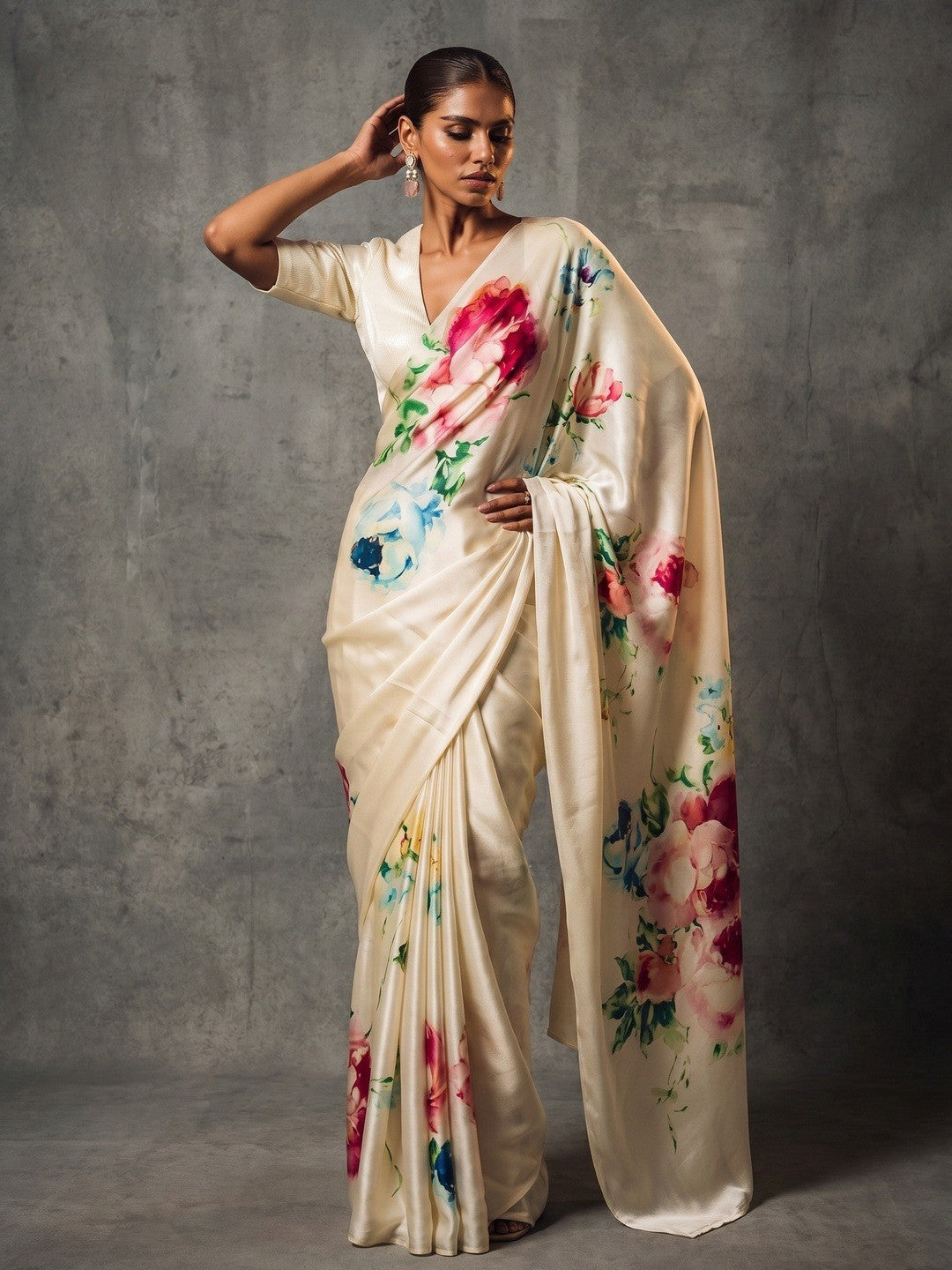 Elegant Cream Bloom Satin Saree With Floral Digital Print Work - Image 2