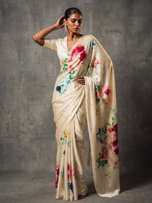 Elegant Cream Bloom Satin Saree With Floral Digital Print Work - Image 2