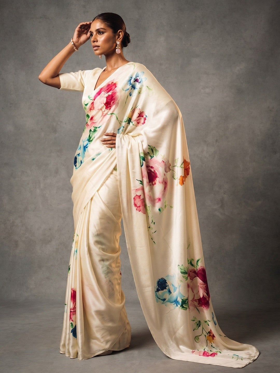 Elegant Cream Bloom Satin Saree With Floral Digital Print Work - Image 3
