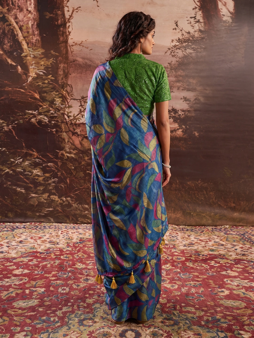 Blue Printed Nylon Saree With Tassels - Image 1