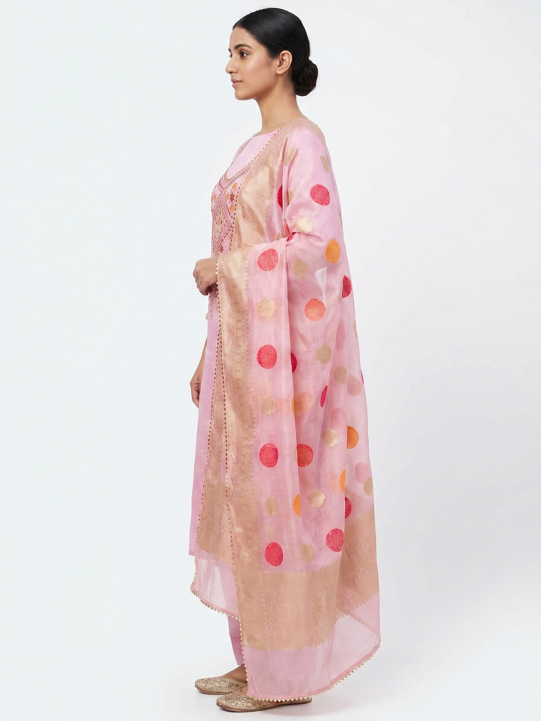 Pink Floral Sequins Embroidered Chanderi Dress Material - Image 3