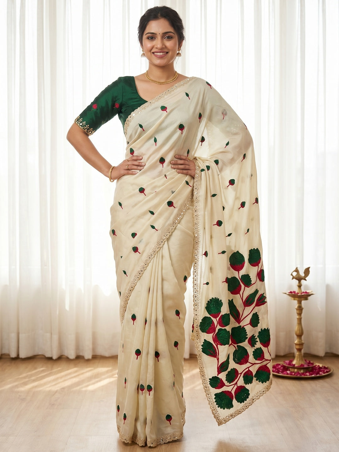 Elegant Cream Rangoli Silk Saree with Green Embroidered Pallu - Image 1