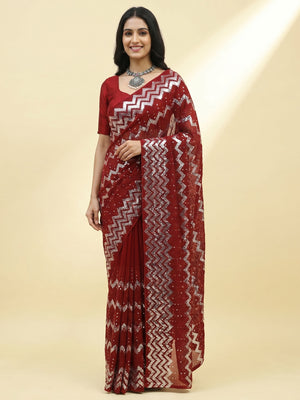 Cherry Red Sequins Embroidered Georgette Saree - Image 1