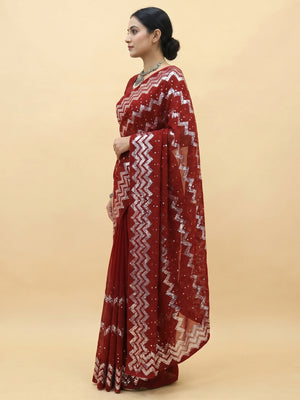 Cherry Red Sequins Embroidered Georgette Saree - Image 2