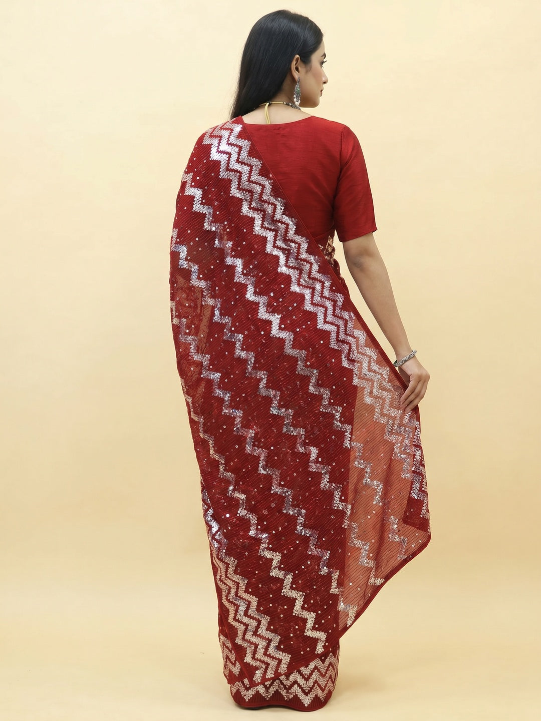 Cherry Red Sequins Embroidered Georgette Saree - Image 3