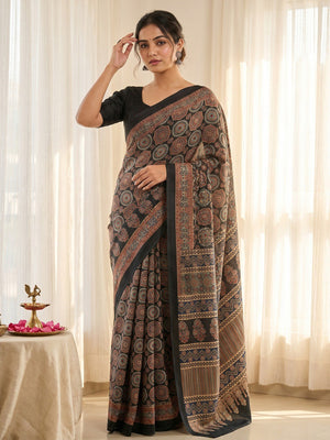 Sophisticated Black Digital Printed Crepe Saree With Ajrakh Inspired Border - Image 1