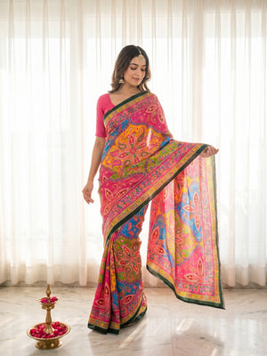 Exclusive Pink Crepe Mirror Work Paisley Saree - Image 1