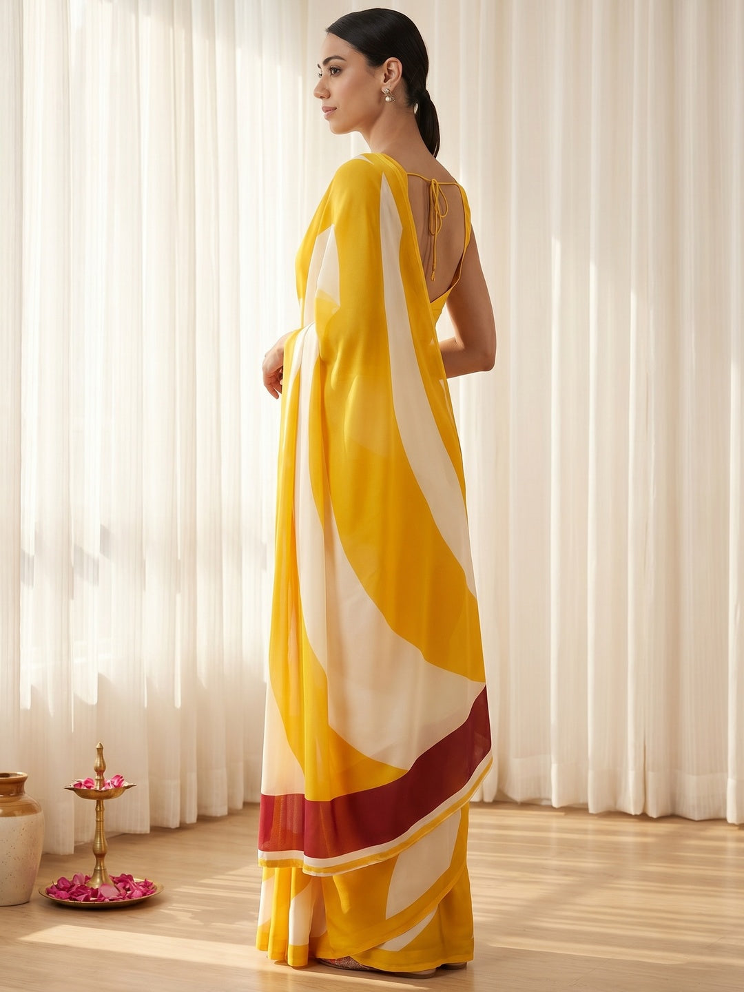 Radiant Yellow & White Crepe Saree With Elegant Digital Print Work - Image 5