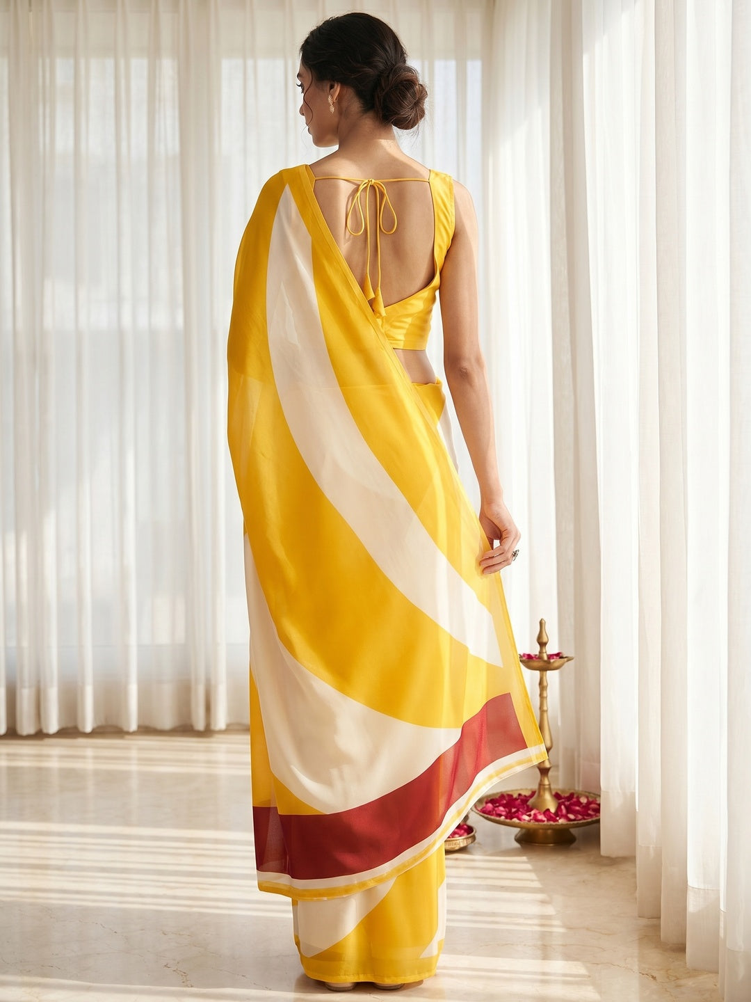 Radiant Yellow & White Crepe Saree With Elegant Digital Print Work - Image 6