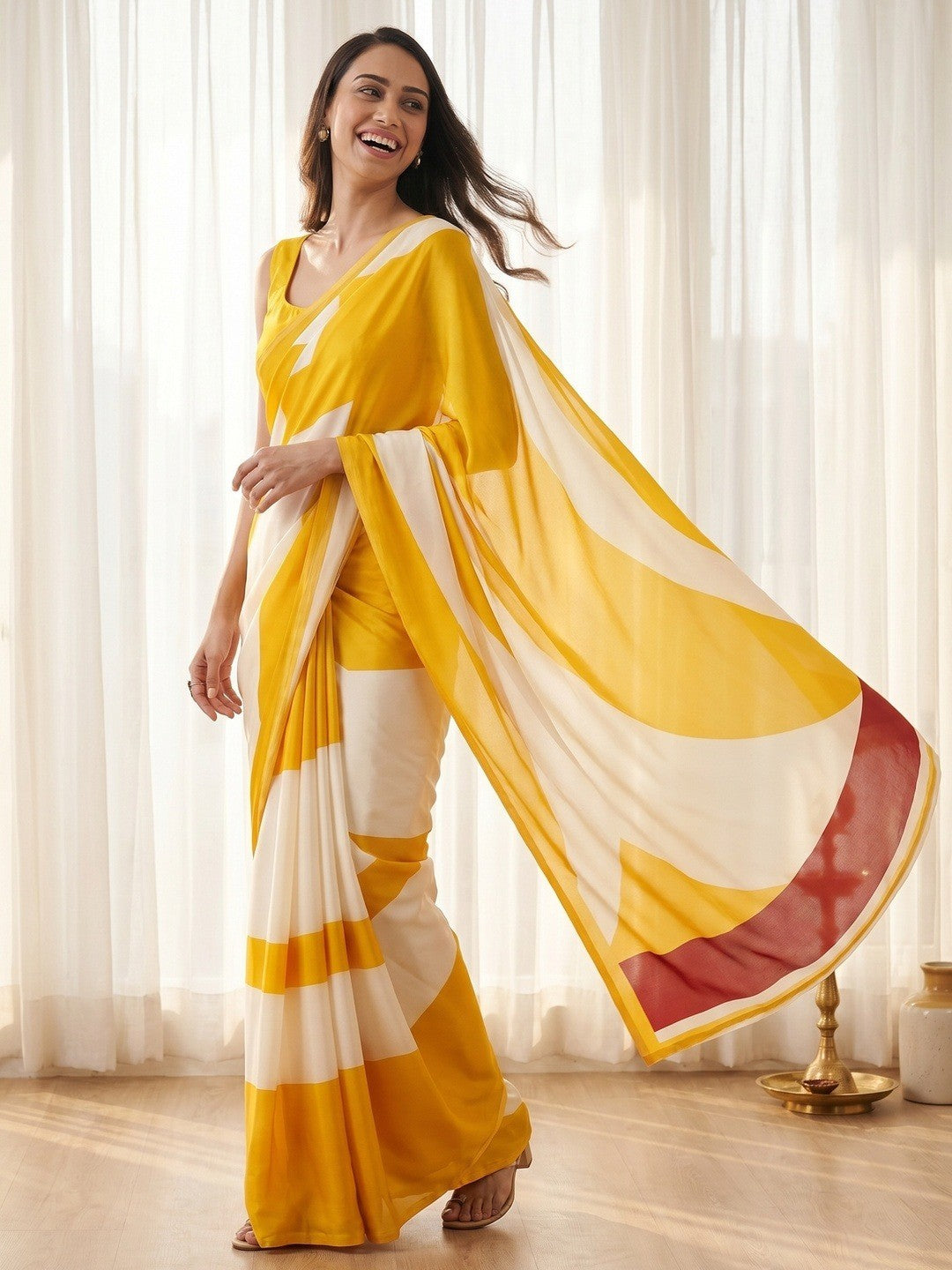 Radiant Yellow & White Crepe Saree With Elegant Digital Print Work - Image 1