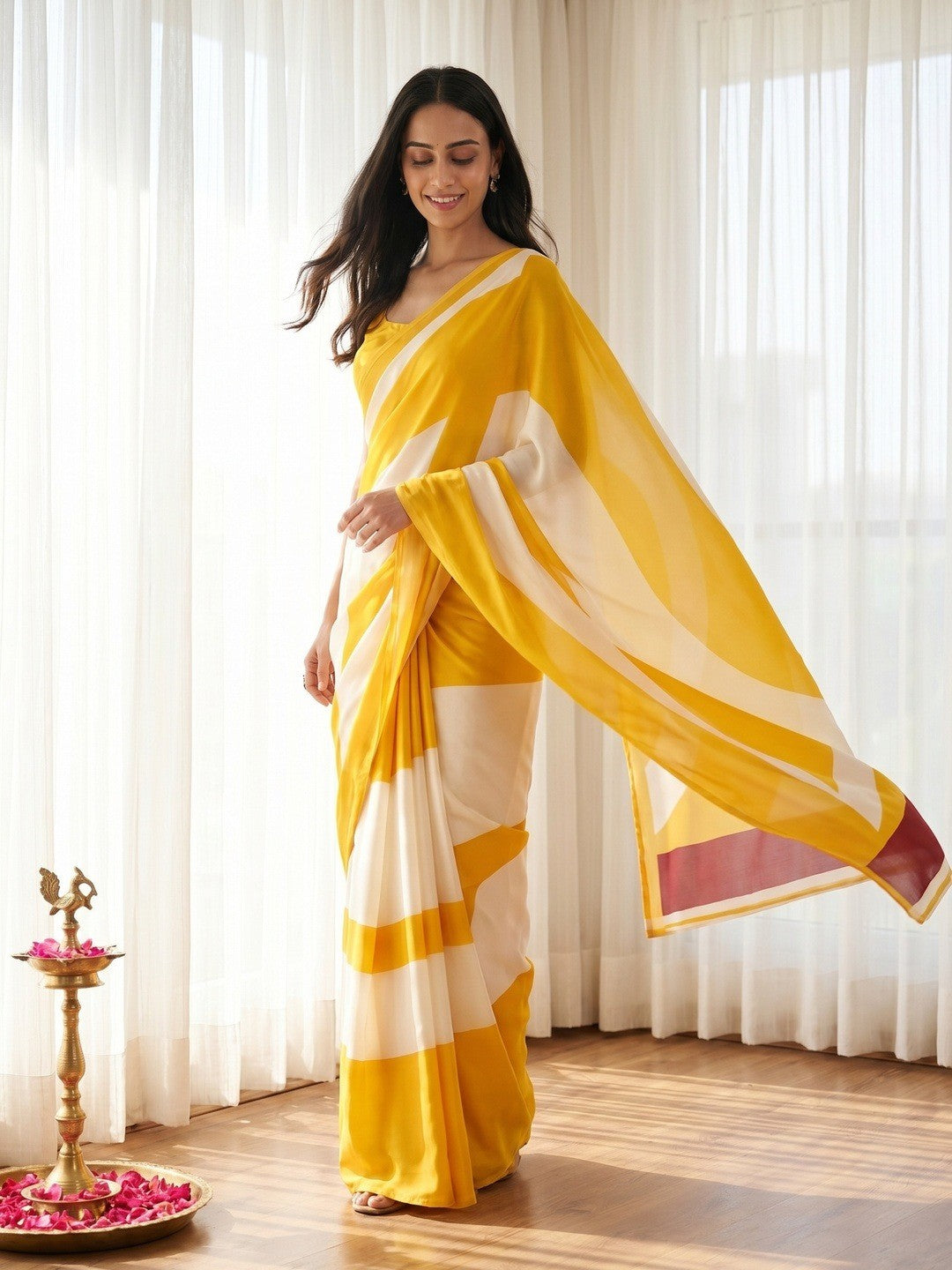 Radiant Yellow & White Crepe Saree With Elegant Digital Print Work - Image 2
