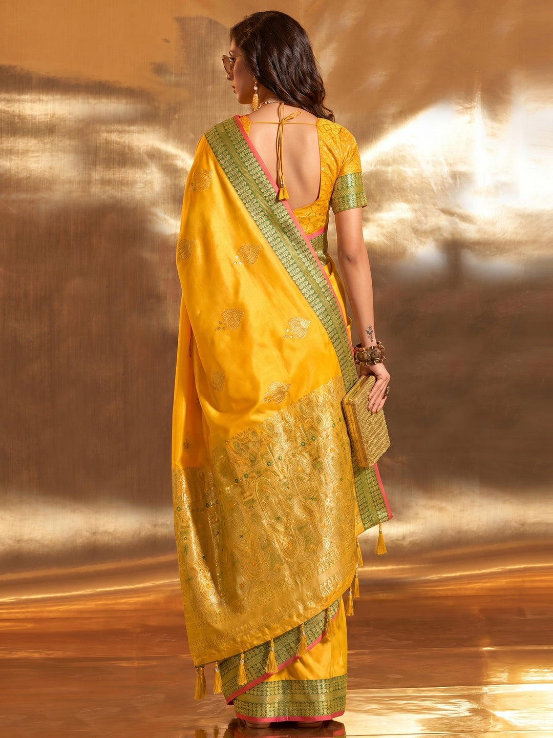 Yellow Woven Satin Saree With Tassels - Image 1