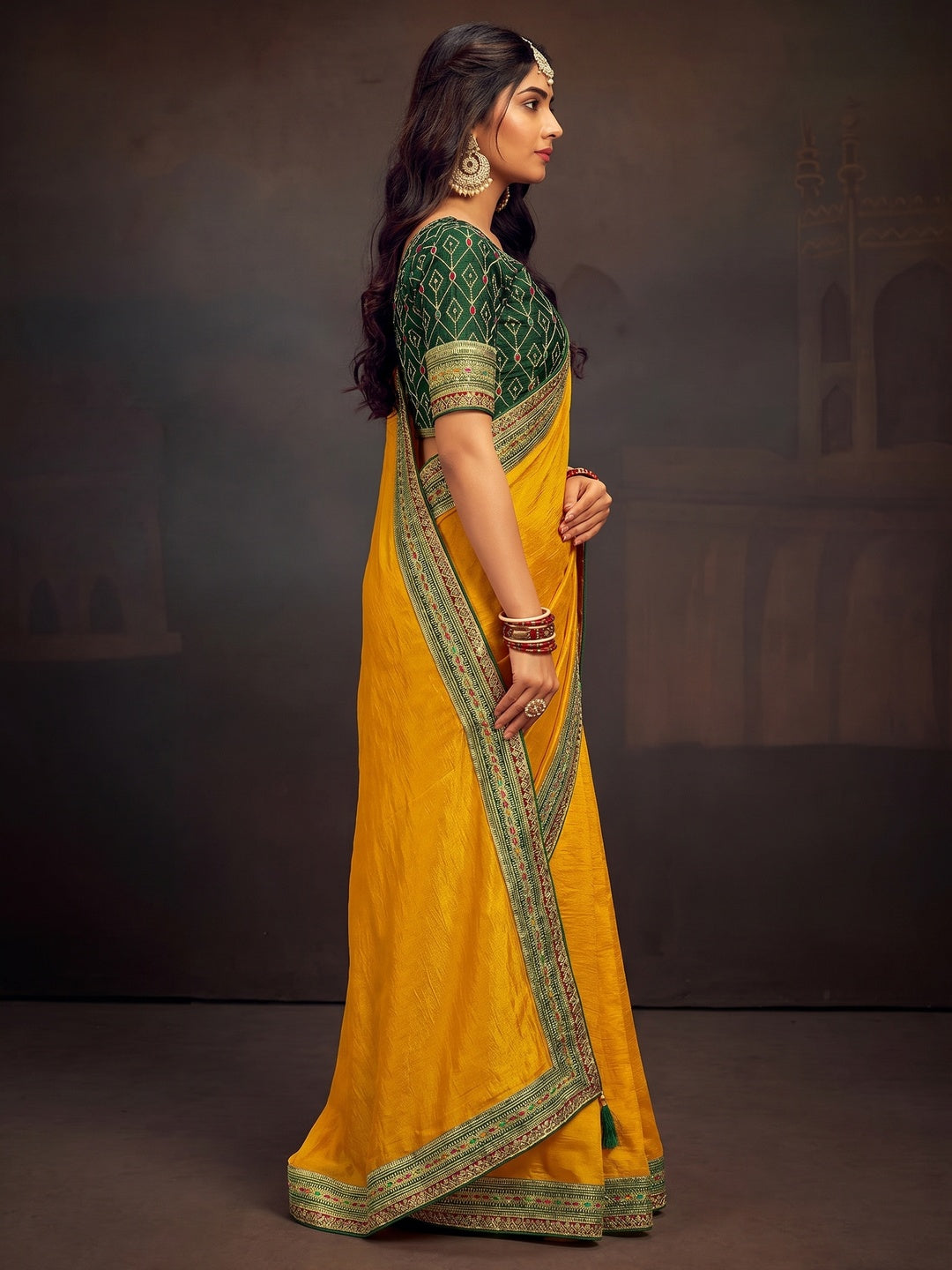 Mustard Solid With Embroidered Border Vichitra Silk Saree - Image 1