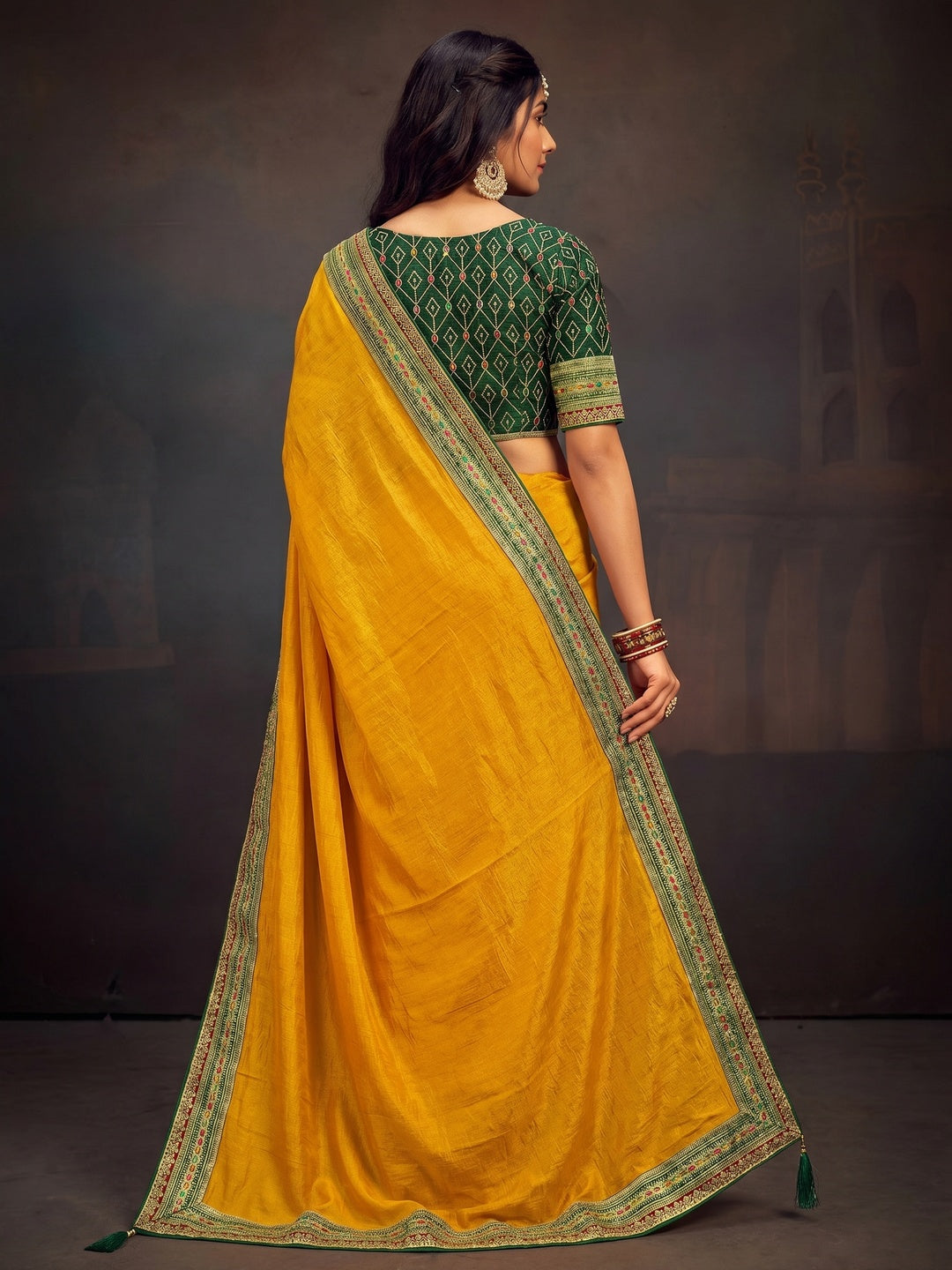 Mustard Solid With Embroidered Border Vichitra Silk Saree - Image 2