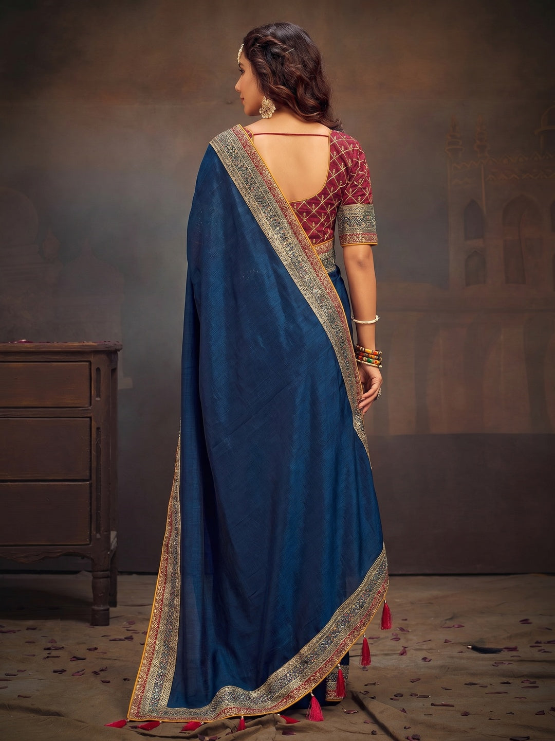 Blue Solid With Embroidered Border Vichitra Silk Saree - Image 1