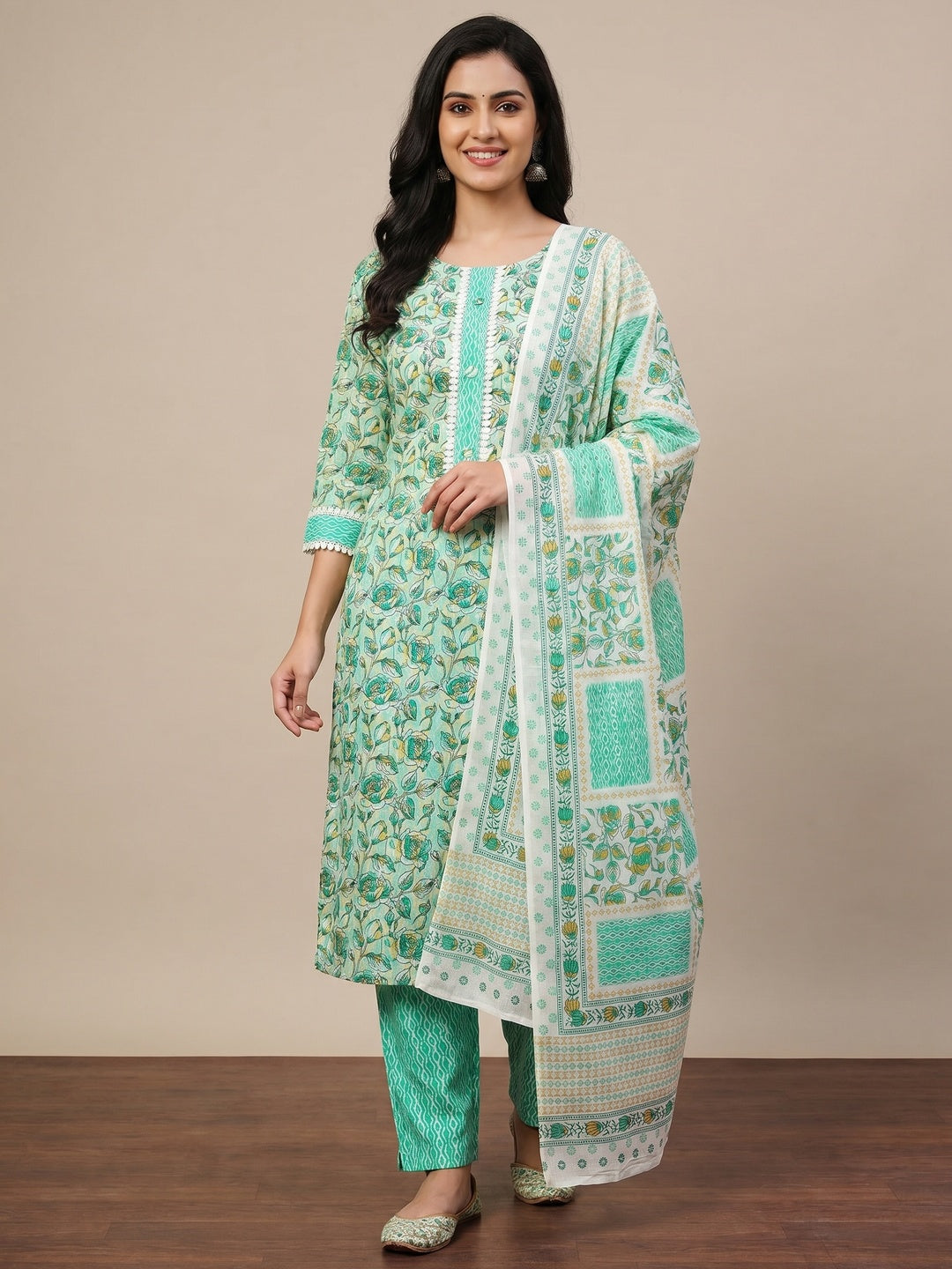 Sea Green Floral Printed Cotton Blend Dress Material - Image 1