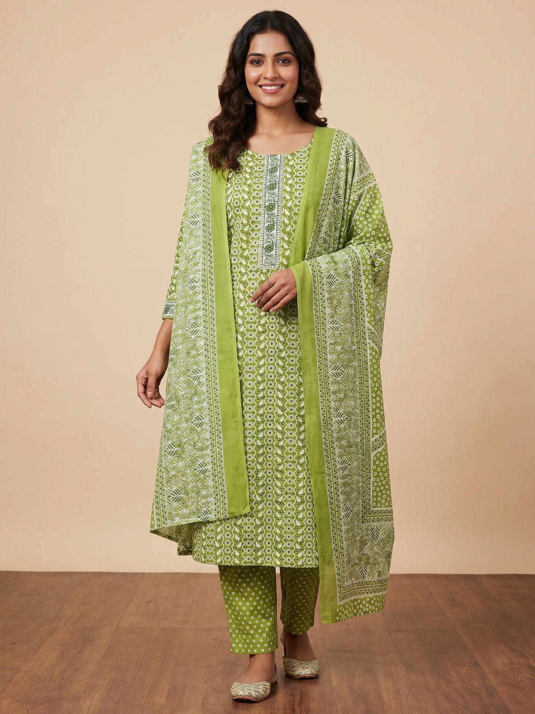 Green Printed With Embroidered Cotton Blend Dress Material - Image 1