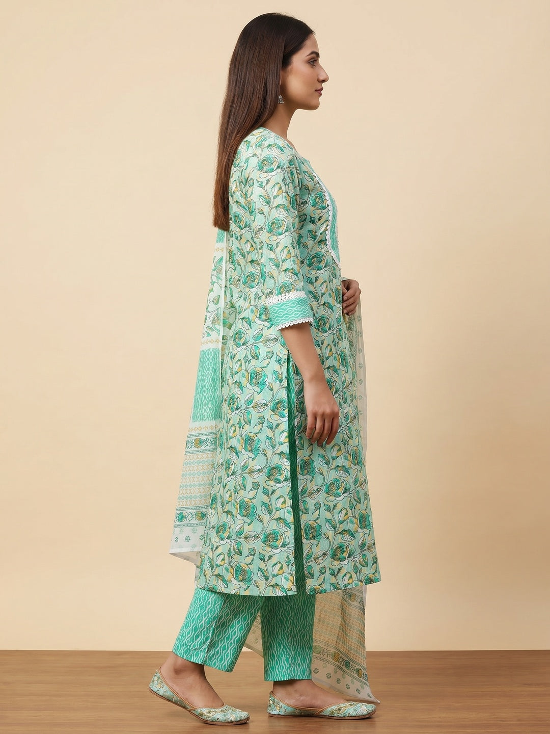 Sea Green Floral Printed Cotton Blend Dress Material - Image 2