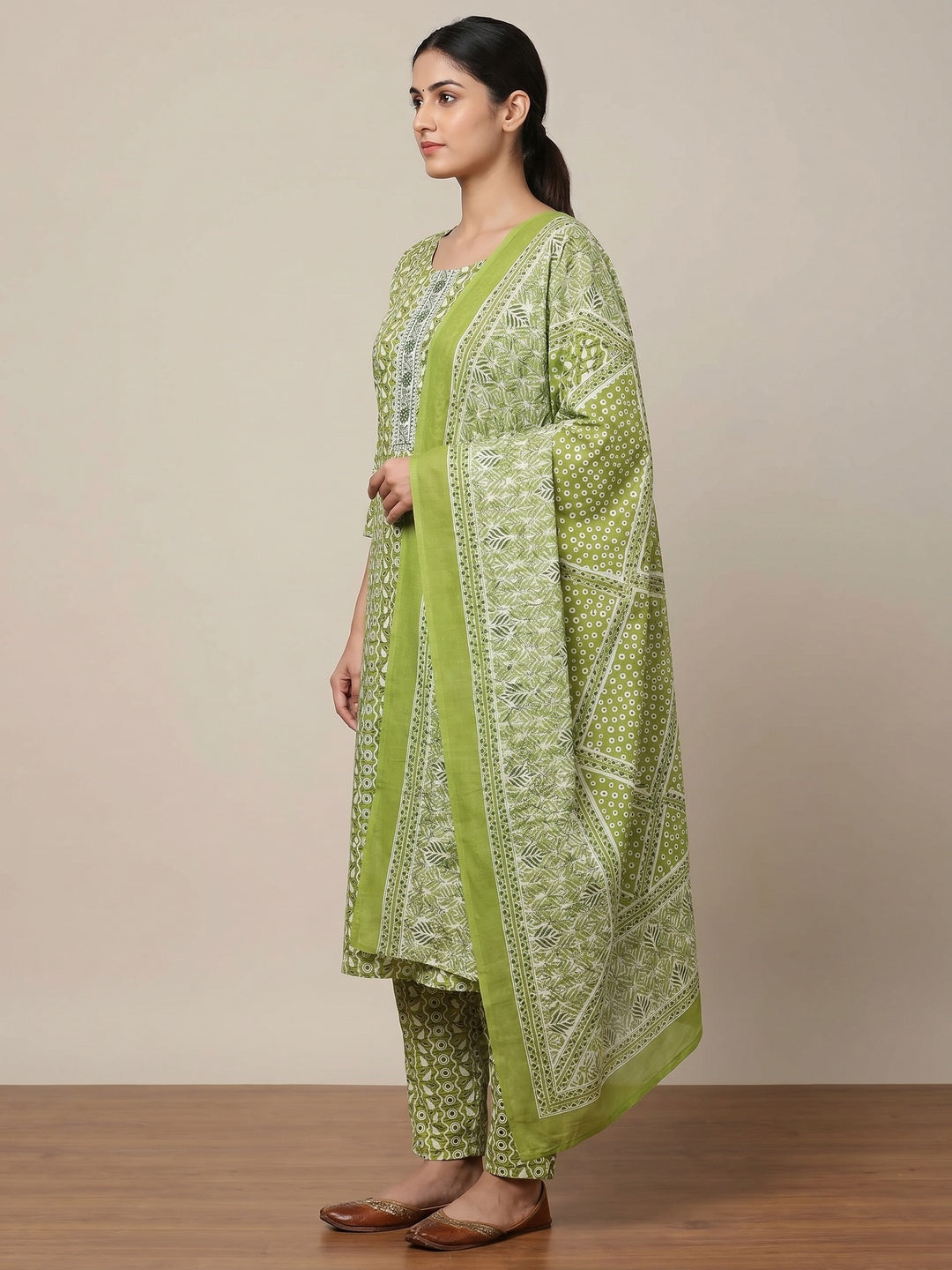 Green Printed With Embroidered Cotton Blend Dress Material - Image 2