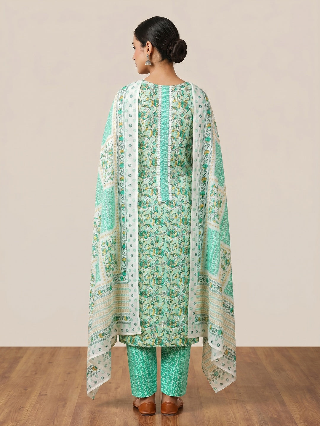 Sea Green Floral Printed Cotton Blend Dress Material - Image 3