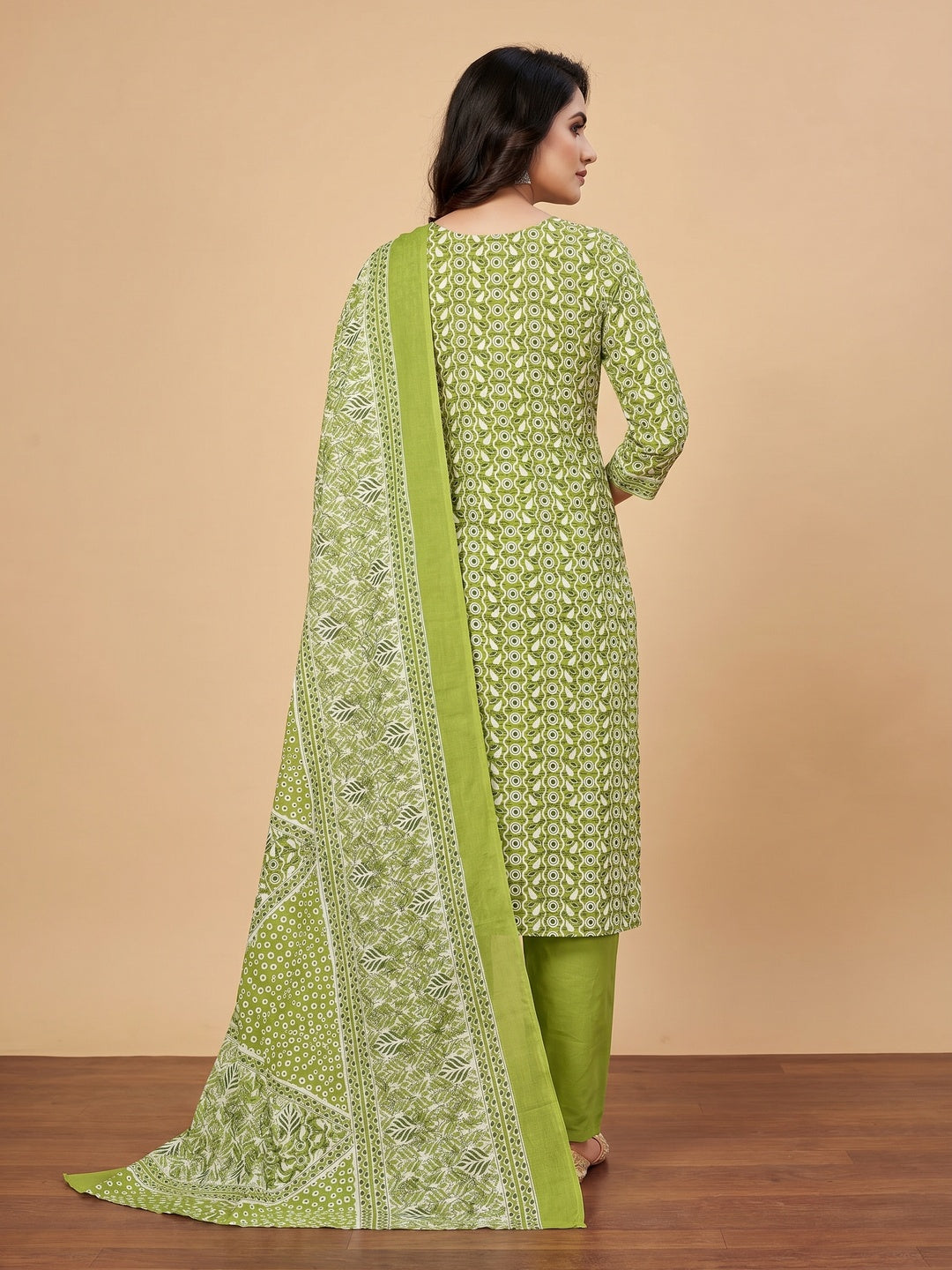 Green Printed With Embroidered Cotton Blend Dress Material - Image 3