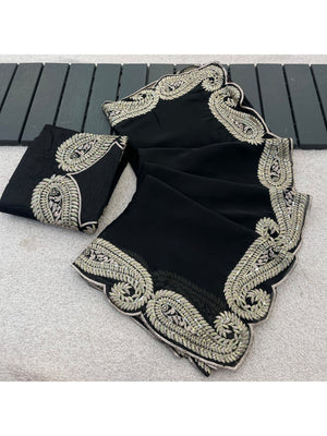 Elegant Black Silk Blend Saree with Intricate Paisley Embroidery - Image 2