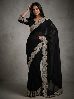 Elegant Black Silk Blend Saree with Intricate Paisley Embroidery - Image 1