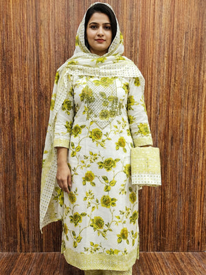 White & Green Floral Printed With Sequins Work Cotton Blend Dress Material - Image 1