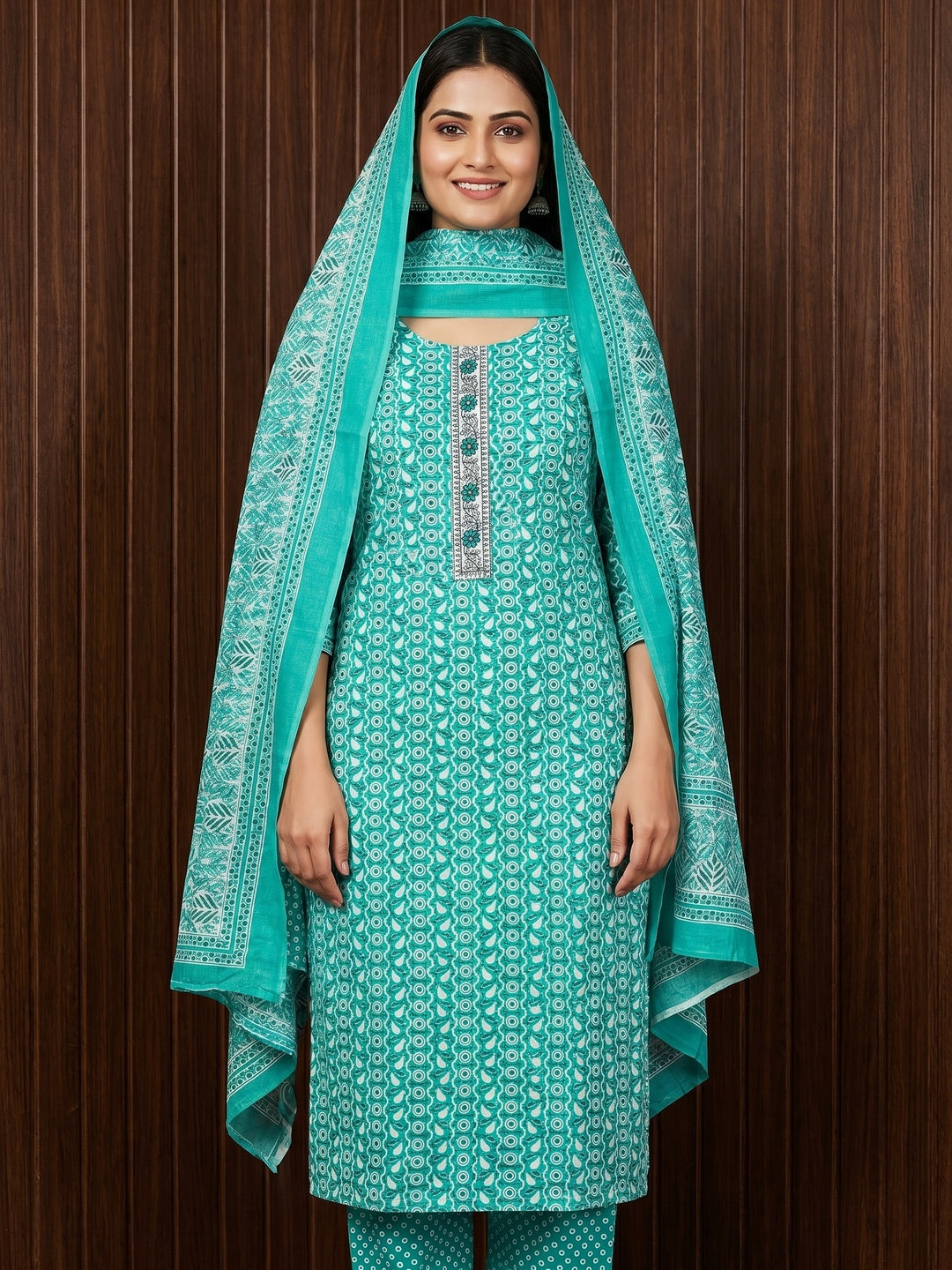 Turquoise Printed With Embroidered Cotton Blend Dress Material - Image 1