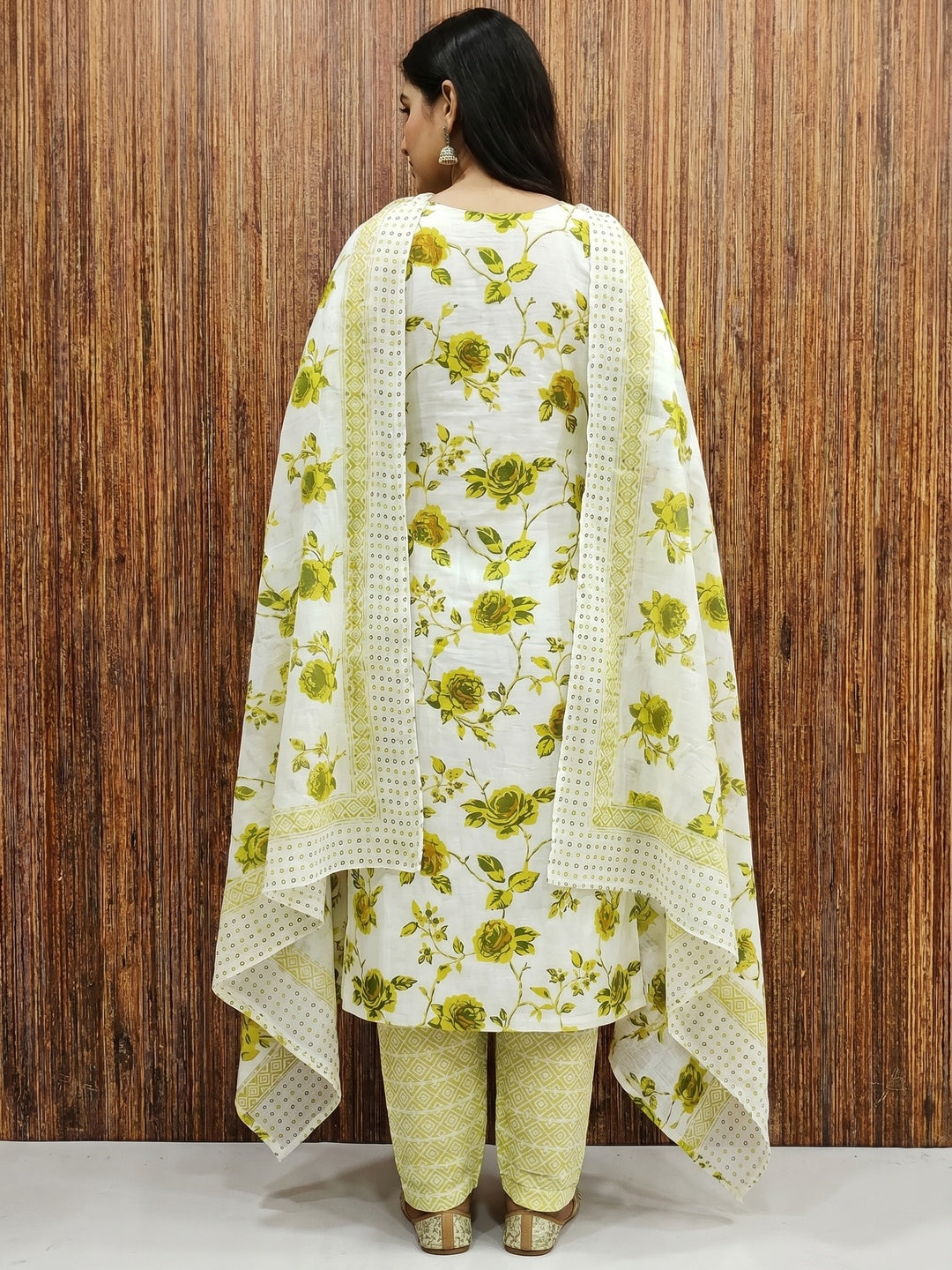 White & Green Floral Printed With Sequins Work Cotton Blend Dress Material - Image 2