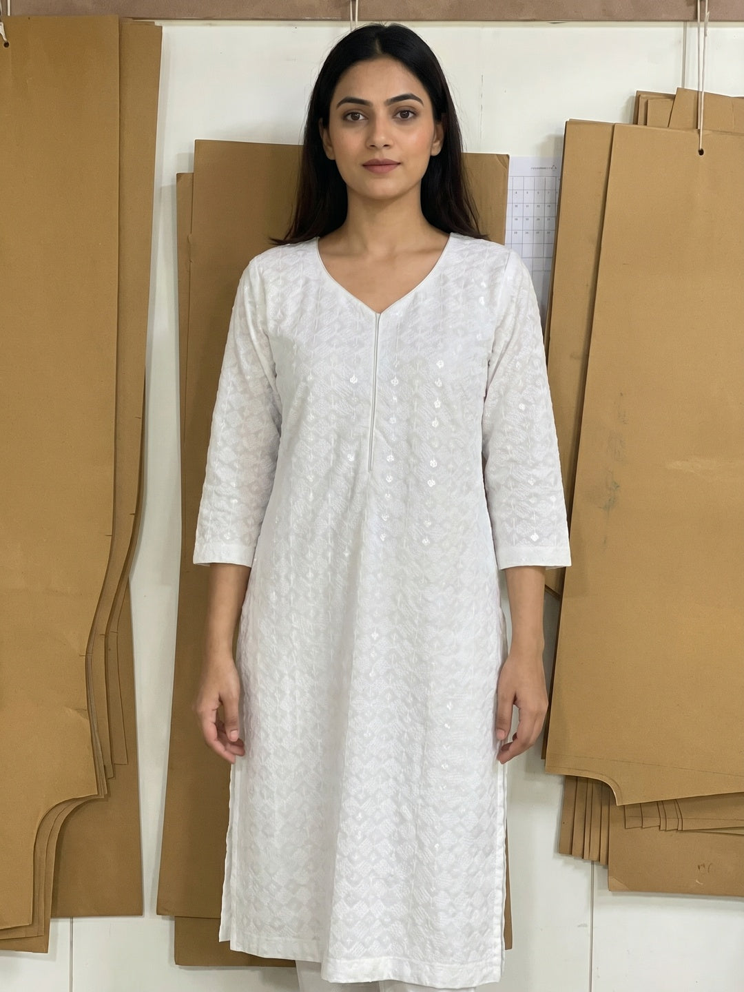 White Sequins Embroidered Rayon Straight Kurti - Image 1