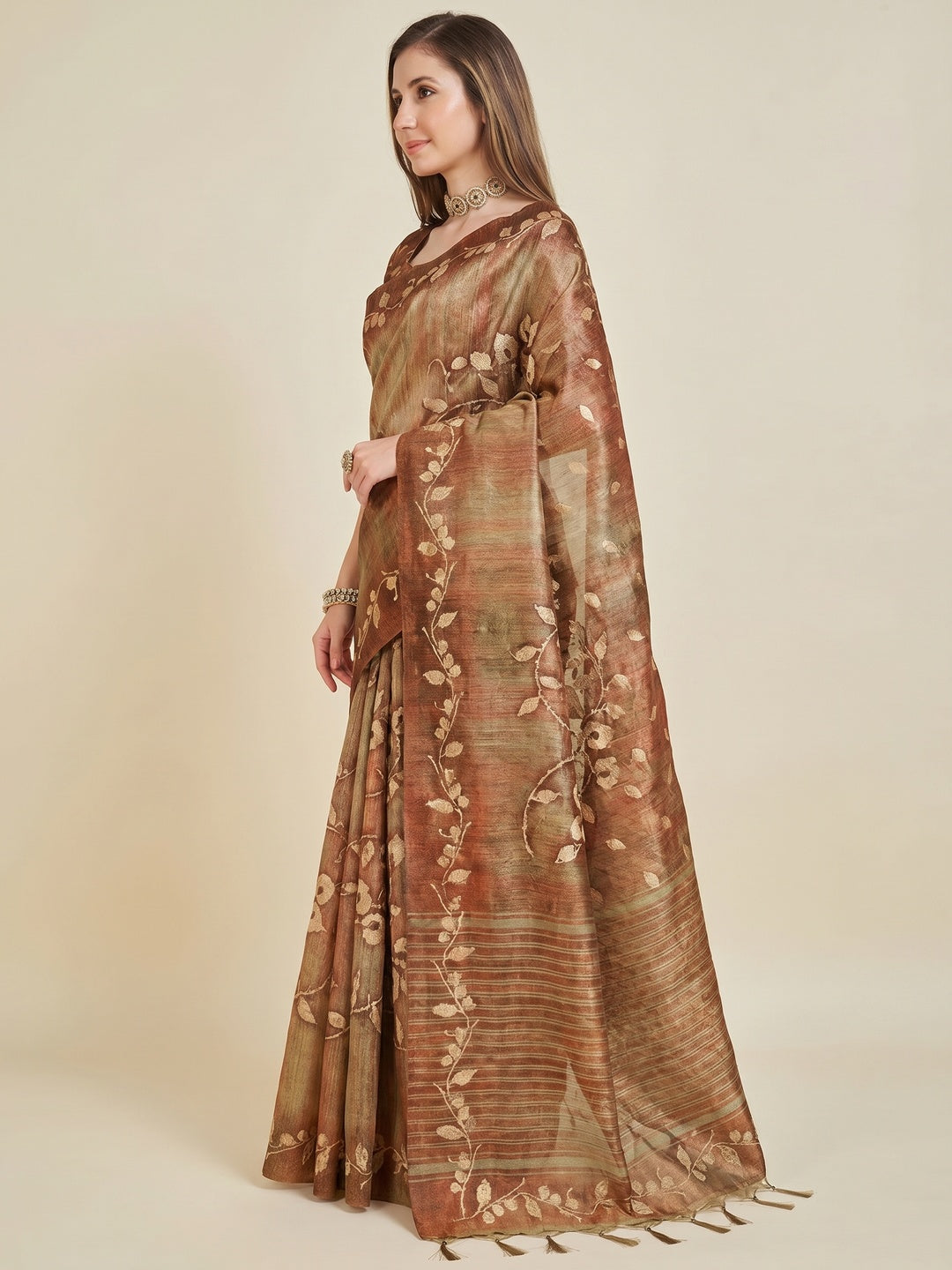 Brown Digital Printed Bhagalpuri Silk Saree With Tassels - Image 1
